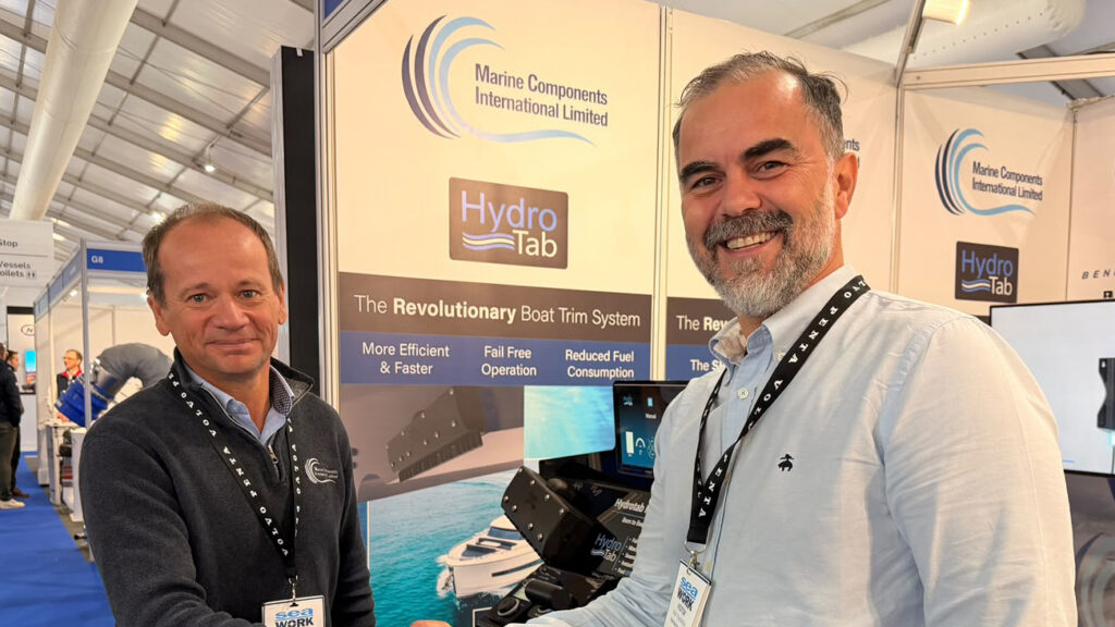 David Ellis from MCI pictured with Nick Triantafyllis from Hydrotab at Seawork June 2026.